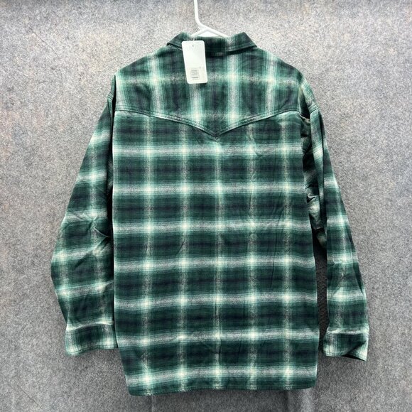 Levis Shirt Womens Medium Green Plaid Western Pearl Snap Flannel Shacket Heavy - Picture 2 of 11